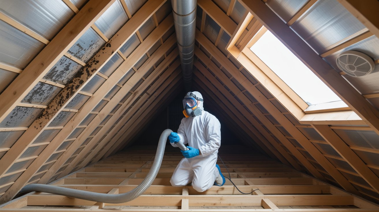 16/9 aspect ratio image of an attic under a roof. Photorealistic wood rafters with dark mold spotting on the underside of roof sheathing near the eaves. A pro in proper PPE (gloves, goggles, half-face respirator) is HEPA-vacuuming a rafter bay while a negative-air hose vents outside. Visible ridge and soffit vents, baffles keeping insulation clear, sealed bath fan duct exiting through the roof (no leaks), and a moisture meter reading on screen. Clean, natural daylight, editorial style, 16:9, generous empty space at top for headline, no logos or text.
