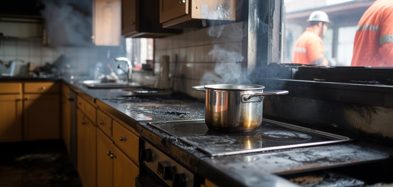 A photograph of a kitchen interior showing the aftermath of a fire. Charred wood and blackened countertops dominate the scene, with faint wisps of smoke still curling upwards from the damaged areas. A single, partially melted stainless steel pot sits on the scorched stovetop, reflecting the dim light filtering through a soot-covered window. The background shows a slightly blurred view of a fire restoration crew, their orange suits contrasting against the grey and black tones of the room.