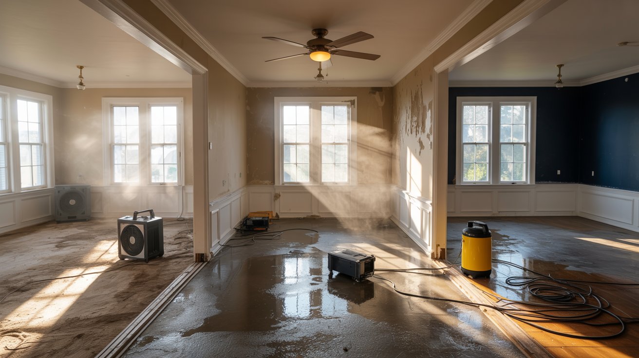 A photograph of an expansive, open-plan home showcasing five distinct rooms undergoing drying procedures after a leak. Each room is meticulously arranged to demonstrate effective remediation, with visible signs of water damage balanced by the equipment used to address it – air movers, dehumidifiers, and moisture meters. Sunlight streams through windows, illuminating dust motes dancing in the air and highlighting the careful removal of baseboards and flooring to expose damp areas. The overall scene exudes a sense of organized action and focused recovery, with the airy, bright spaces suggesting both challenge and resolution.